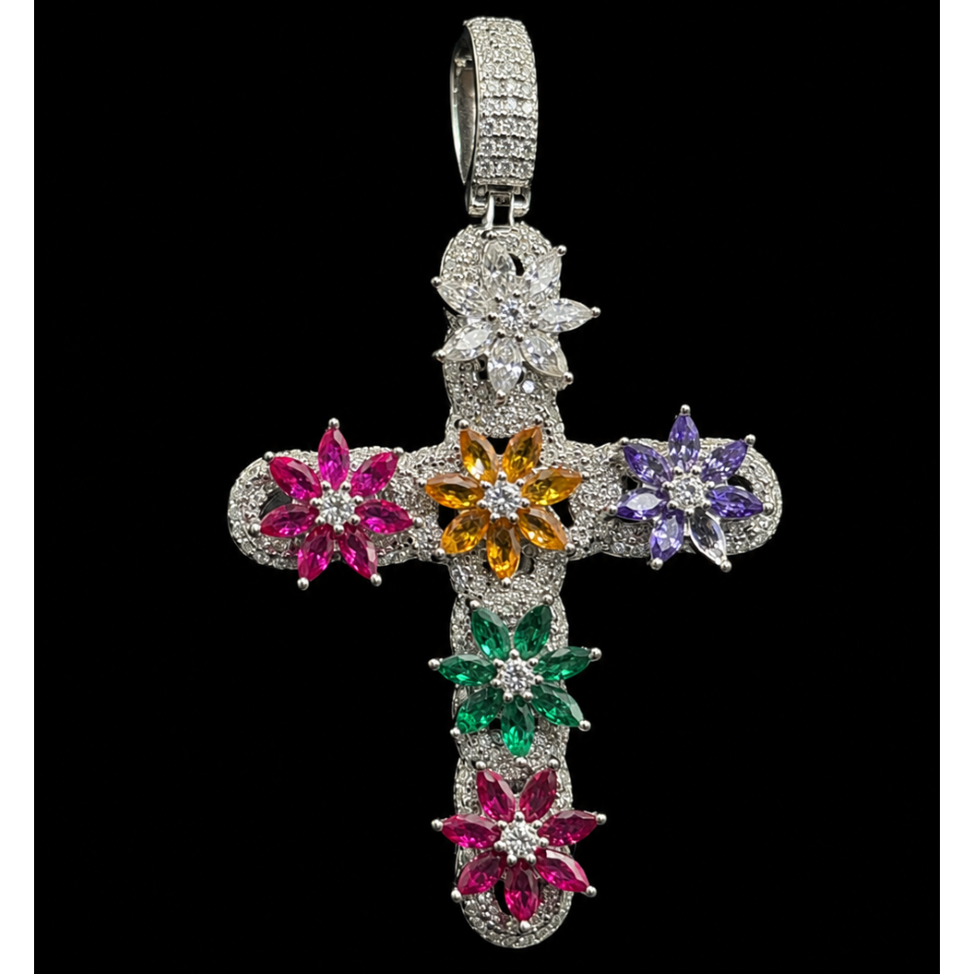 COLORED FLOWER CROSS (Moissanite)